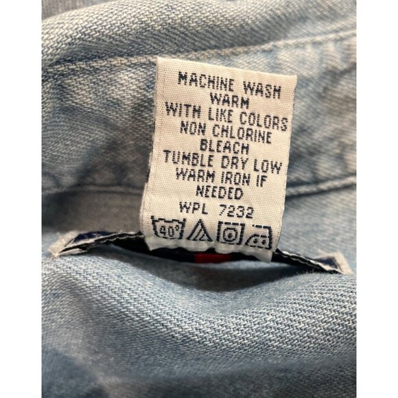 Jerzees Vintage Blue Denim Button Up Shirt Mens Size M Normandy Church - Picture 6 of 6